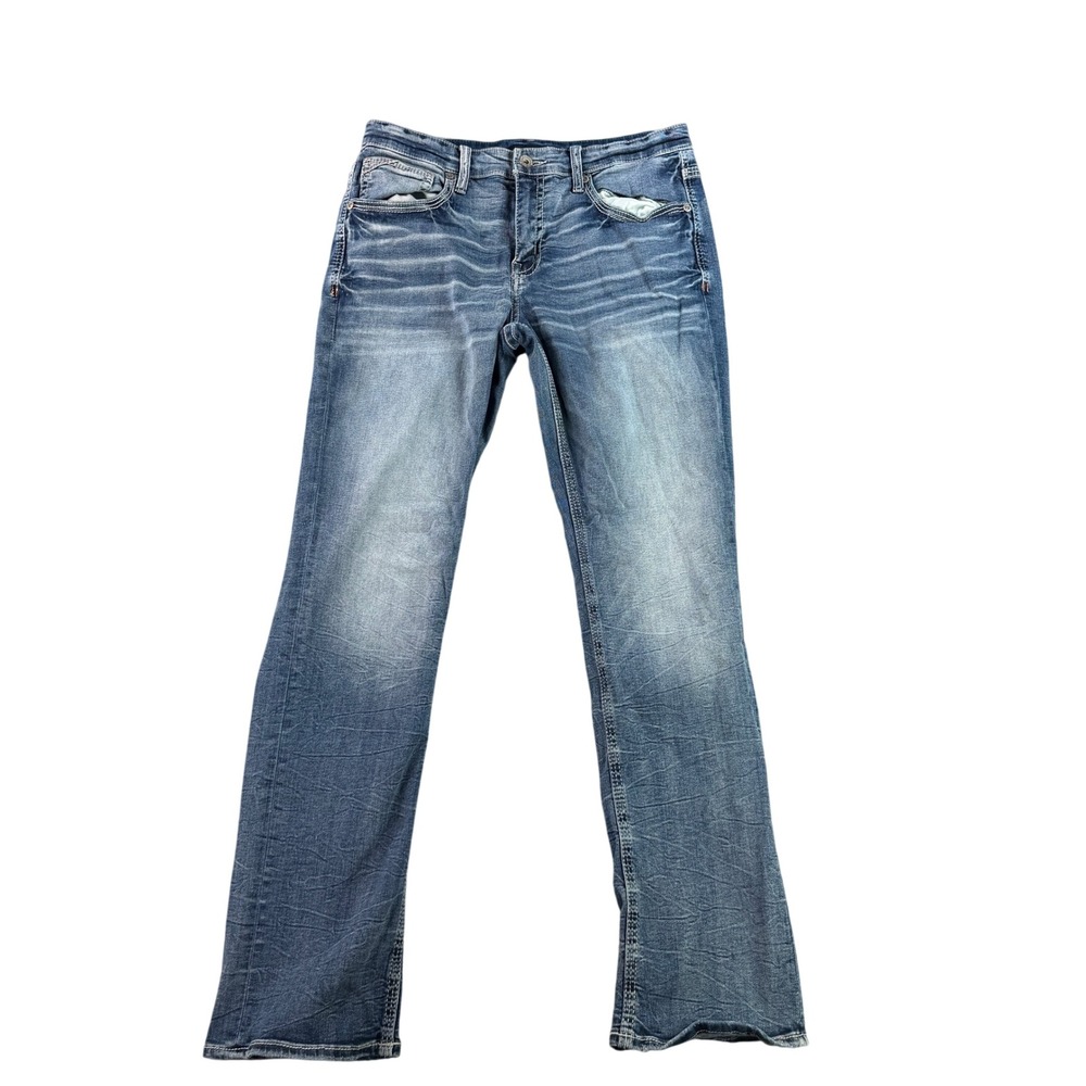 BKE Jake Straight Jeans Mens 34x32 Blue Medium Wash Whiskered Stretch Nice Fade